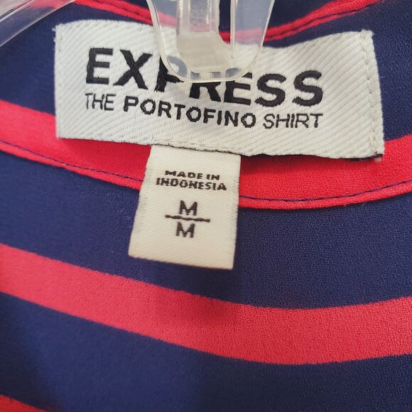 Express Portofino Blue & Red Striped Roll-Tab Sleeve Button-Up Shirt Size Medium - Picture 4 of 6